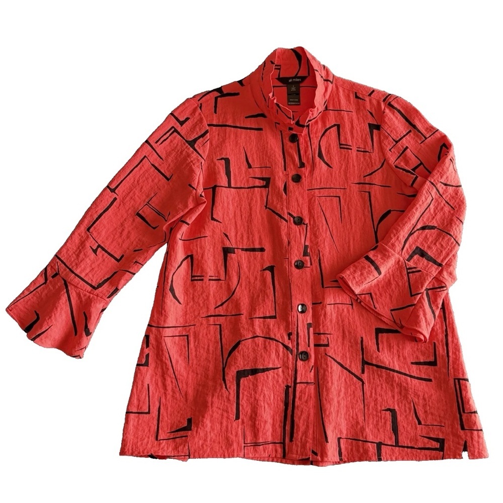 Ali Miles Red Printed Wire collar Button Down Top Size S Back Zipper 3/4 Sleeves - Picture 2 of 12